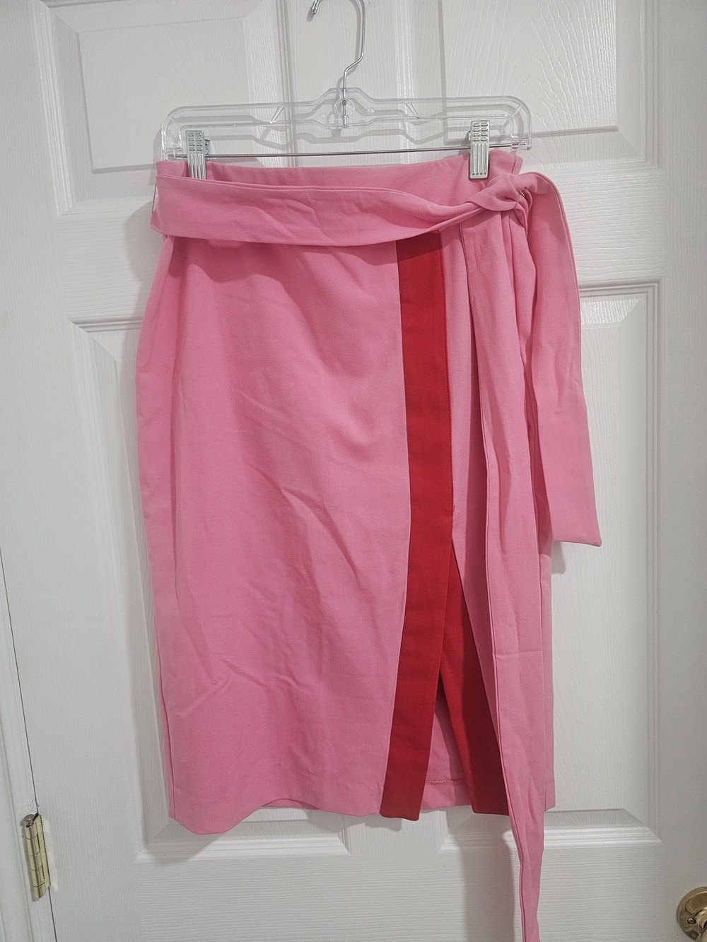 New York & Company Pink Wrap Midi Skirt with Red Panel